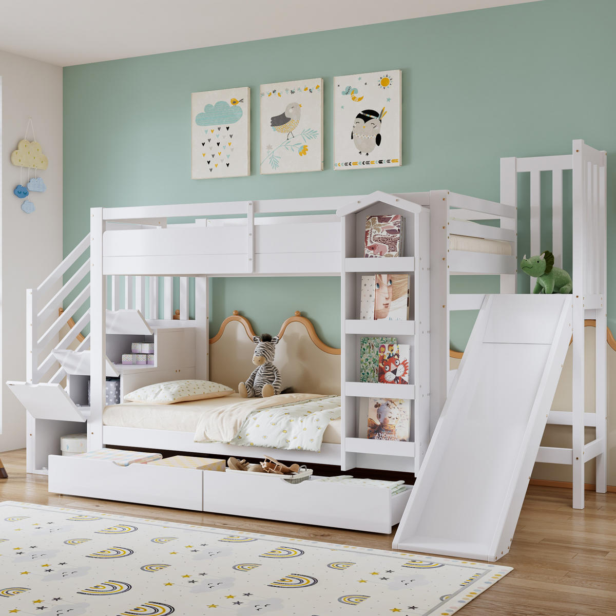 ETAGENBETT 90/200 cm aus Kiefer, MDF und Sperrholz mit Rutsche, Weiß - Weiß, Holz (90/200cm) - OKMYHOME