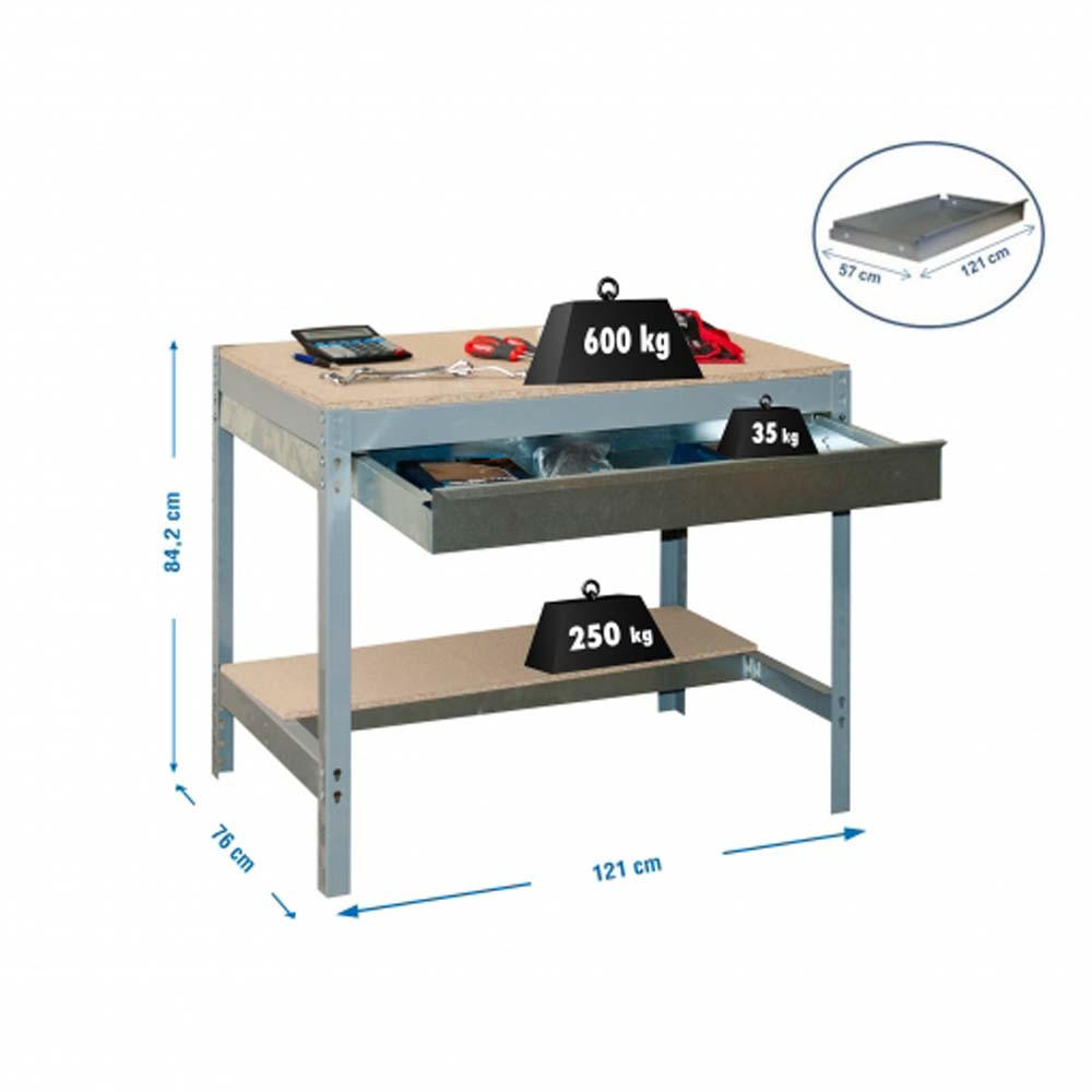 WERKBANK BUFFALO mit Schubfach | HxBxT 84x120x76cm | Traglast 600kg | Grau - Grau, Metall (120/84/76cm) - PROREGAL