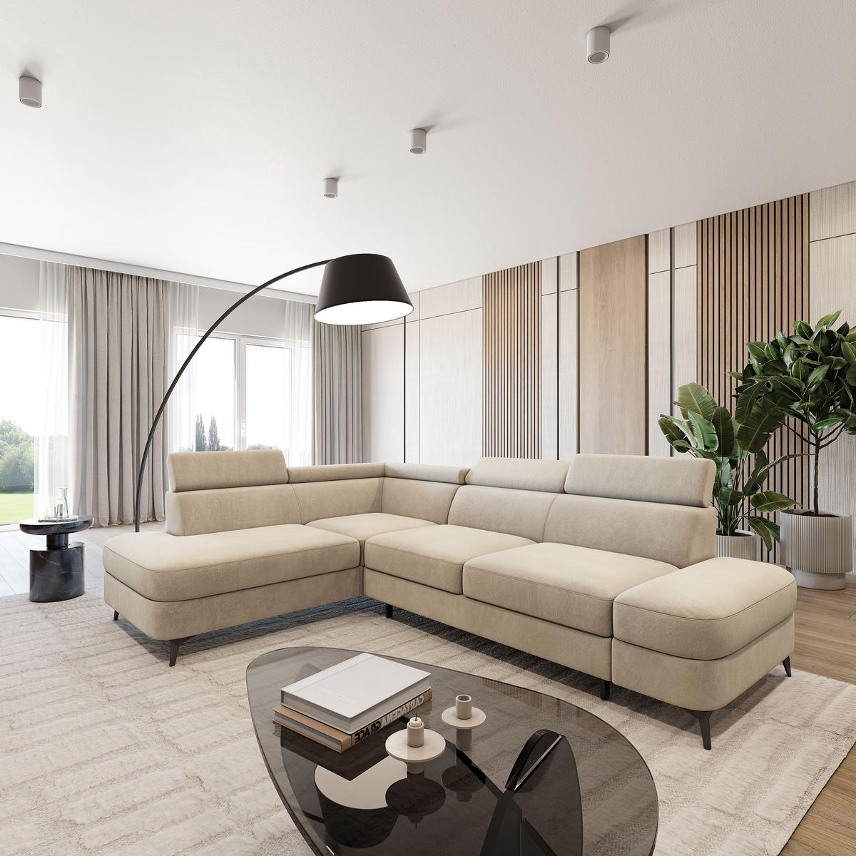 ECKSOFA AVISE MV L-S Creme Velours-Stoff mit Schlaffunktion - Creme, Holzwerkstoff/Textil (268/195cm) - MASSENO