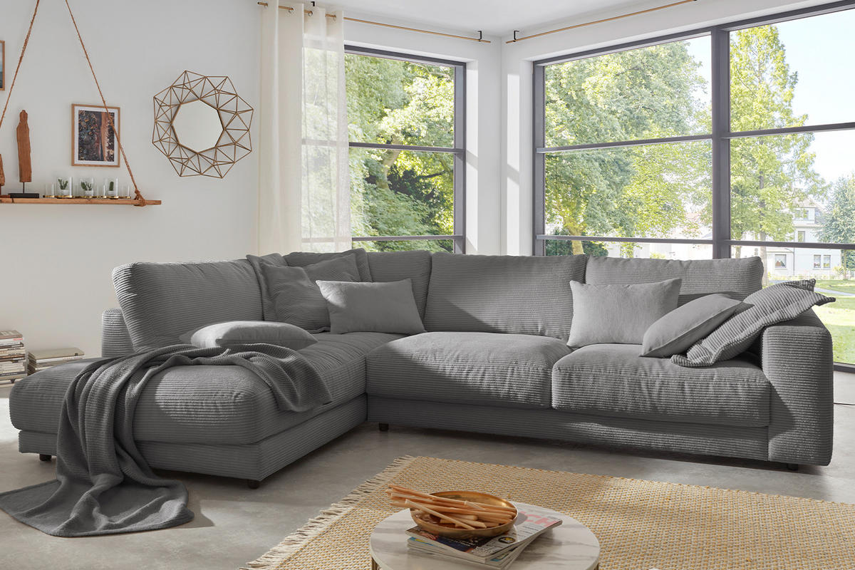 ECKSOFA MADELINE Grau Cord - Schwarz/Grau, Kunststoff/Textil (325/224cm) - KAWOLA