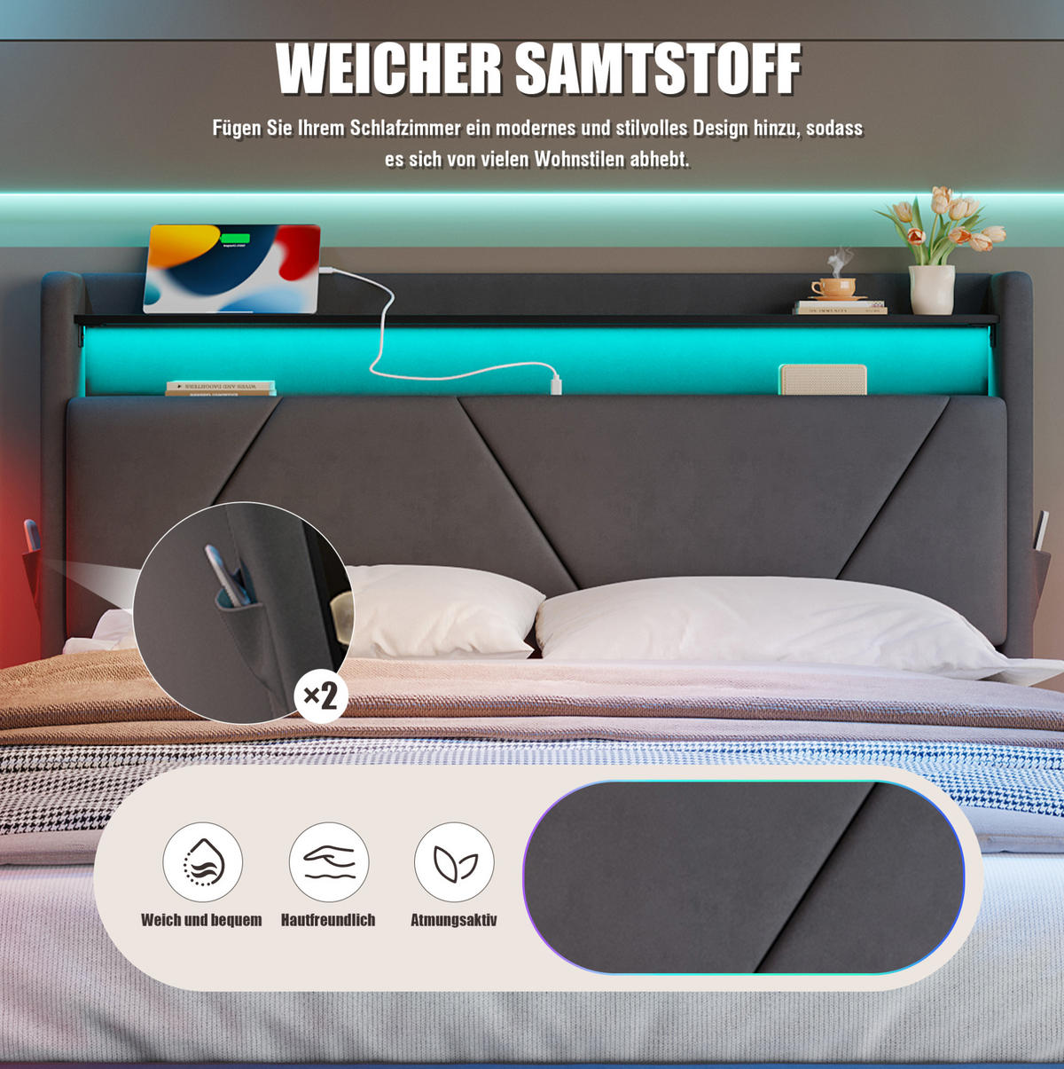 BETT mit LED und Stauraum 140x200 cm Samt Dunkelgrau - Dunkelgrau, Metall (140/200cm) - Meubliv