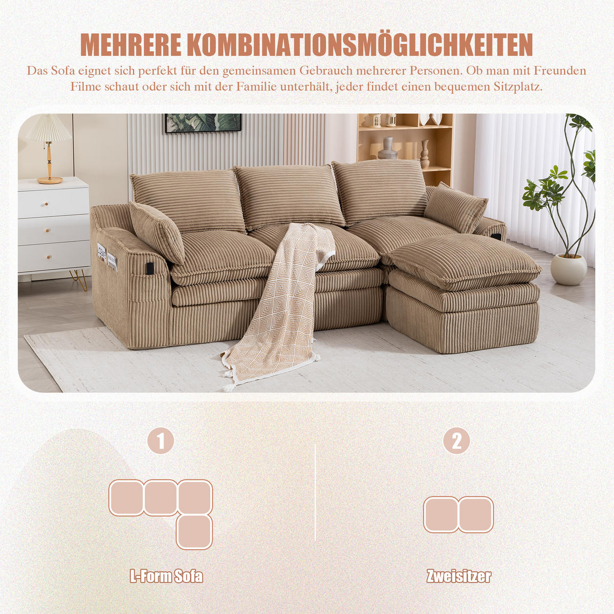 3-SITZER ECKSOFA Cord Khaki mit Hocker und Kissen - Hellbraun, Textil (263/167cm) - WISHDOR