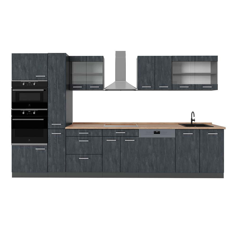 KÜCHENZEILE R-Line Schwarz Beton/Anthrazit 350 cm, AP Eiche - Anthrazit/Schwarz, Holzwerkstoff (350/81.6/60cm) - Vicco