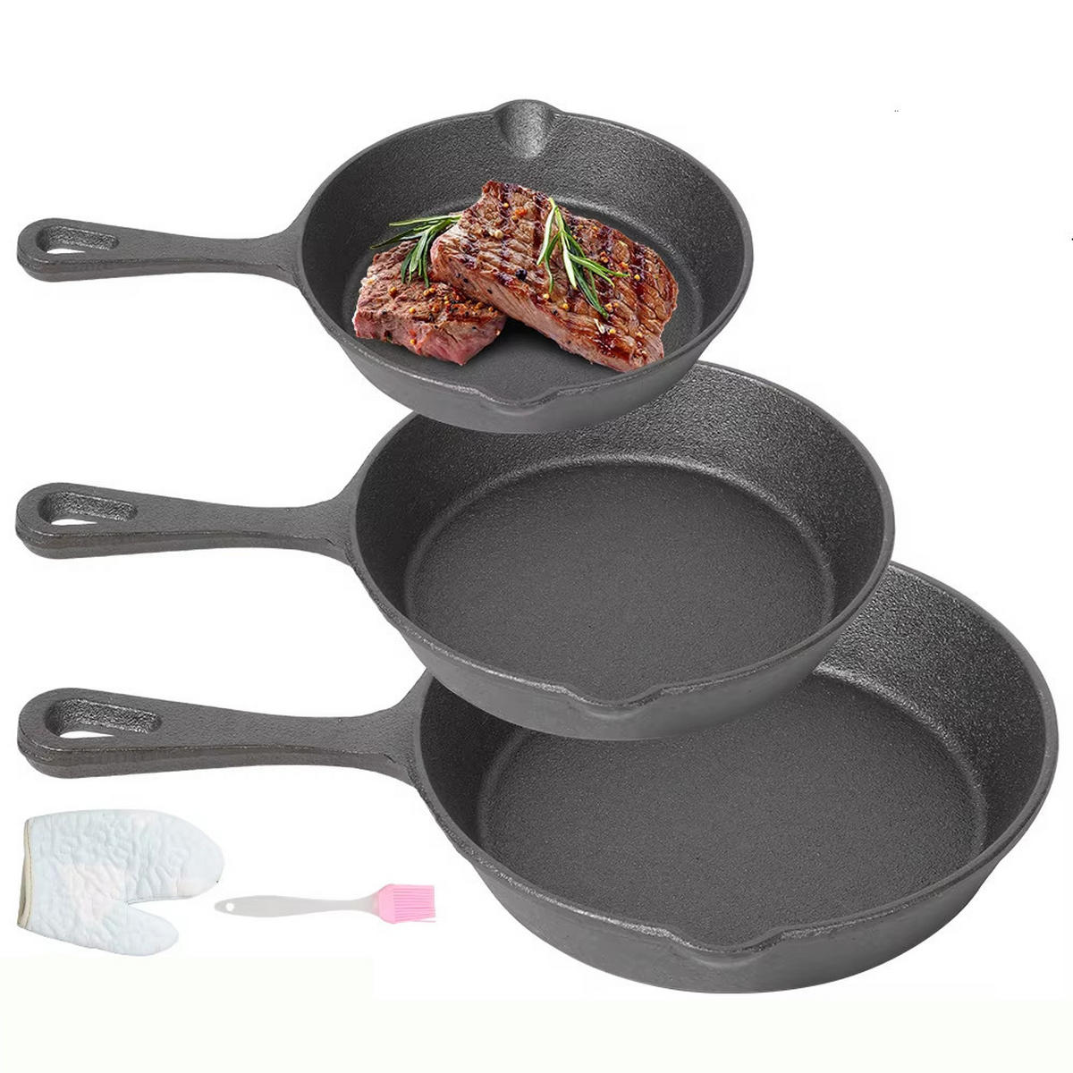 PFANNENSET Gusseisen 3-teilig Bratpfanne Topf Schwarz - Schwarz, Metall - Kaket