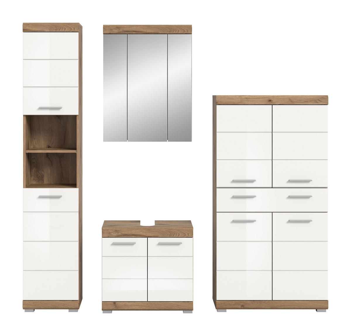 BADKOMBINATION 4tlg. Wave Bad in Nox Oak Nachbildung und weiß hochglanz B/H/T: 204x191x34 cm - Eichefarben, Holz (204/191/34cm)