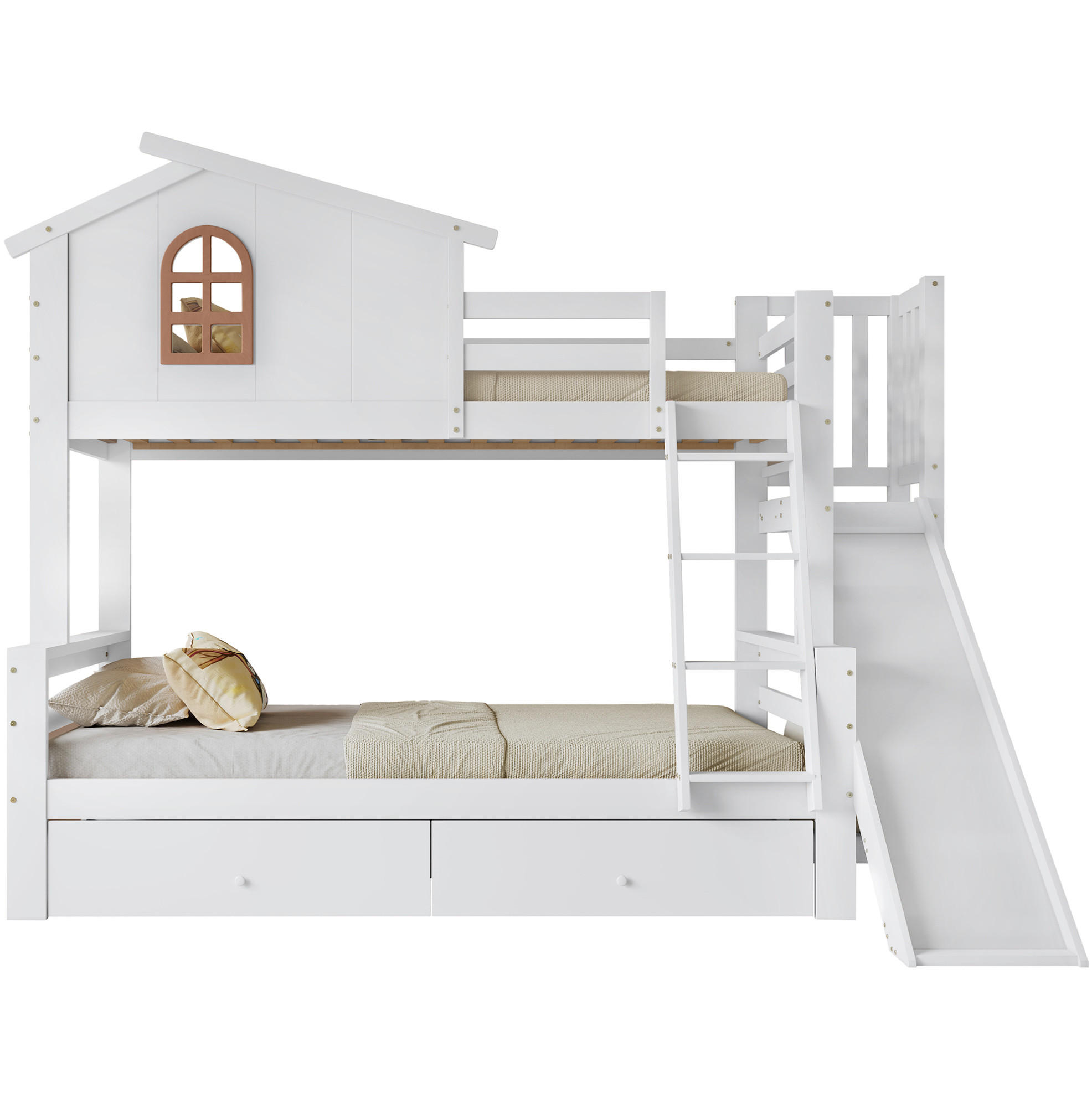 ETAGENBETT 90/200 & 120/200 cm mit Rutsche, Fenster, 2 Schubladen und Kiefer/MDF-Gestell, Weiß - Weiß, Holz (90/200cm) - Redom