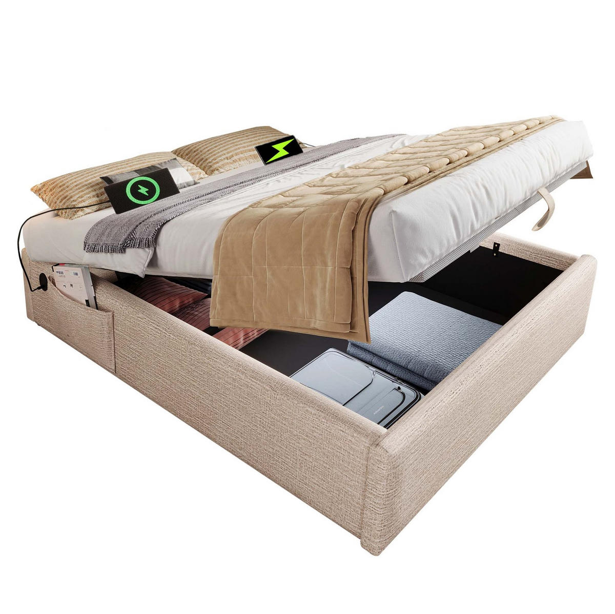 POLSTERBETT aus Leinen 140x200 cm in Natur mit USB-C & Stauraum - Naturfarben, Textil (140/200cm) - Modfu