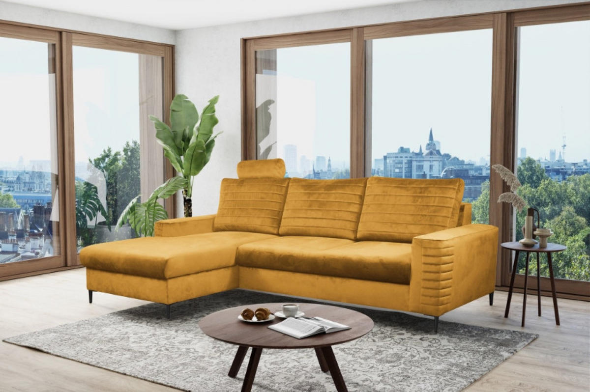ECKSOFA Muskat Gelb OLI Ausziehbar Mit Kopfstütze Und Bettkasten Links - Goldfarben/Orange, Textil (253/165cm) - Sepro Meble