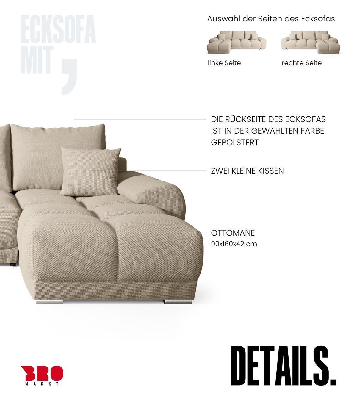 ECKSOFA Nubes mit Schlaffunktion Beige - Beige/Silberfarben, Kunststoff/Textil (290/180cm) - Bromarkt