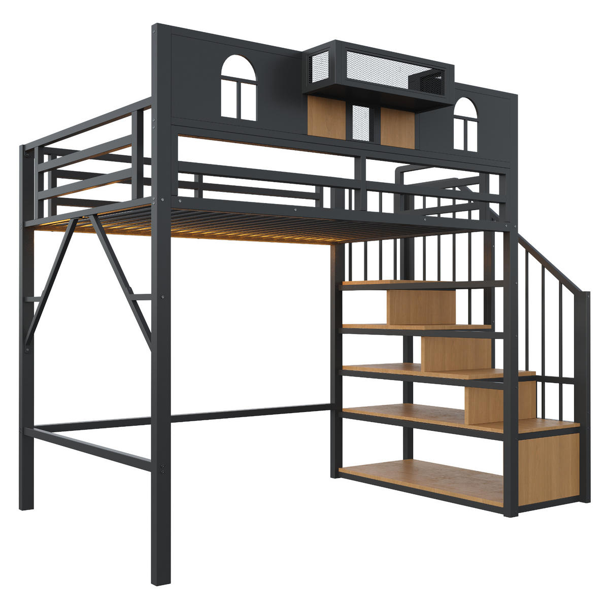 HOCHBETT 90/200 cm in Schwarz mit Ablagefach, Stauraumleiter und Lichtleiste aus Metall und MDF - Schwarz, Metall (90/200cm) - STILVORA