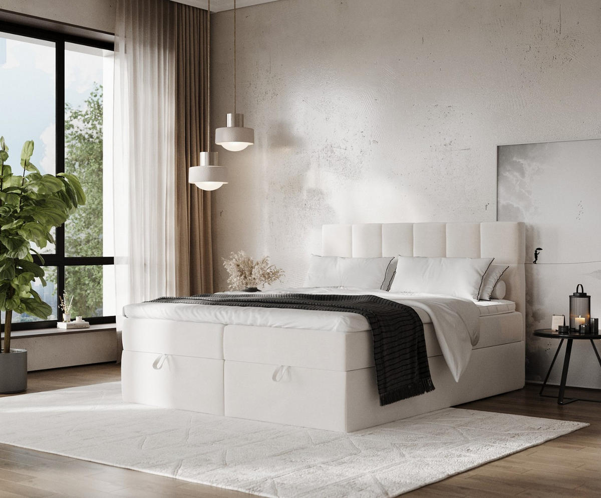 BOXBETT Savio 140/200 cm Creme im Paros Stoff - Creme/Schwarz, Holz/Holzwerkstoff (140/200cm) - AltaBeds