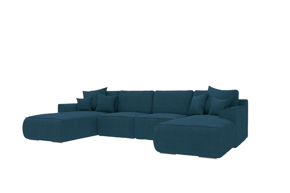 WOHNLANDSCHAFT GUSTO Cordstoff Blau inkl. Schlaffunktion - Blau/Chromfarben, Kunststoff/Textil (306/96/194cm) - 99rooms