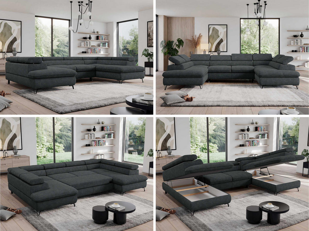 WOHNLANDSCHAFT PEDRO U Struktur Dunkelgrau - Dunkelgrau/Schwarz, Textil/Metall (346/76/208cm) - MKS