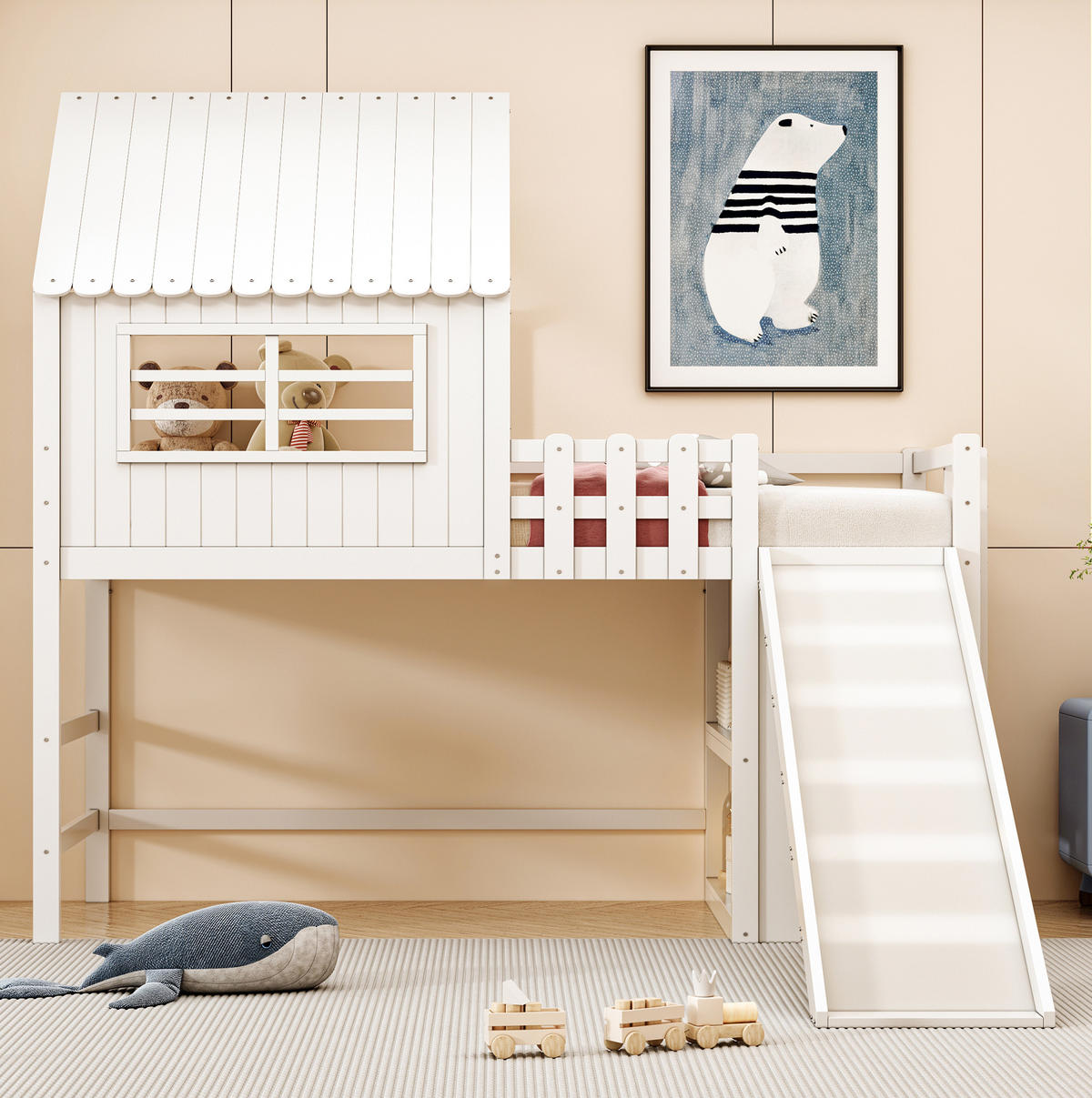 HOCHBETT 90/200 cm Weiß Dachboden-Design mit Rutsche und Stauraum - Weiß, Holz (90/200cm) - OKWISH