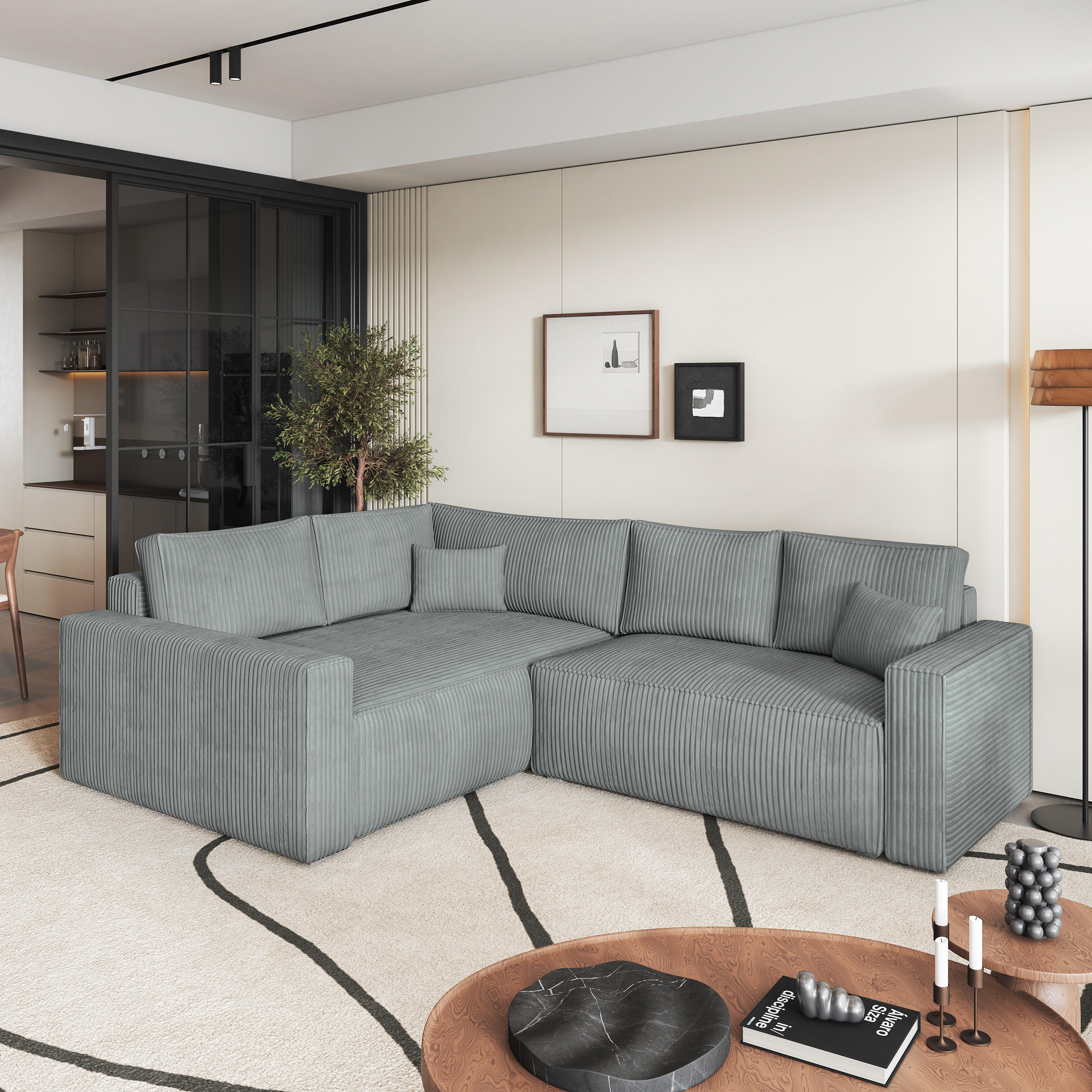 ECKSOFA ERONIS L-S Hellgrau Kordstoff mit Schlaffunktion - Hellgrau, Holz (265/194cm) - MASSENO