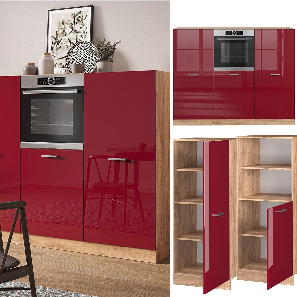 KÜCHENBLOCK R-Line Rot Hochglanz/Goldkraft Eiche 180 cm ohne Arbeitsplatte - Honigeiche/Rot, Holzwerkstoff (180/143/46cm) - Vicco