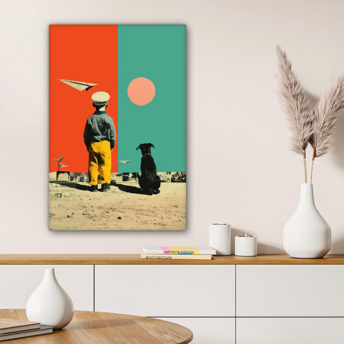 LEINWANDBILD Retro - Junge - Hund - Rot - Grün Wanddeko Schlafzimmer 60x90 cm - Orange, Textil (60/90cm) - MuchoWow