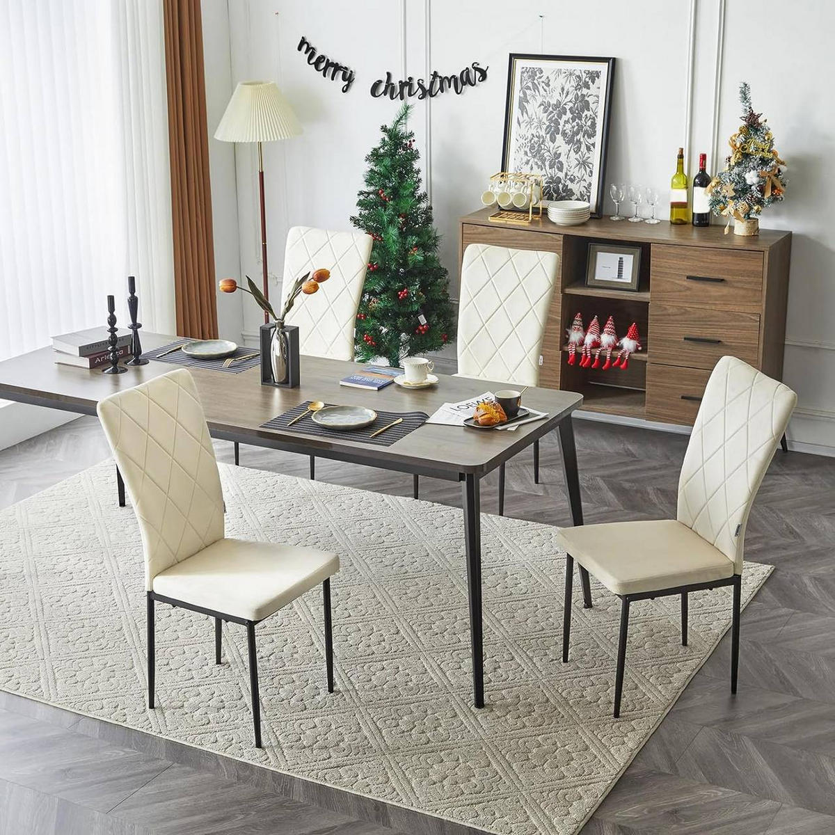 ESSZIMMERSTUHL 4er Set, Samtbezug, Creme - Creme/Schwarz, Leder/Kunststoff (42/94.5/59cm) - Woltu