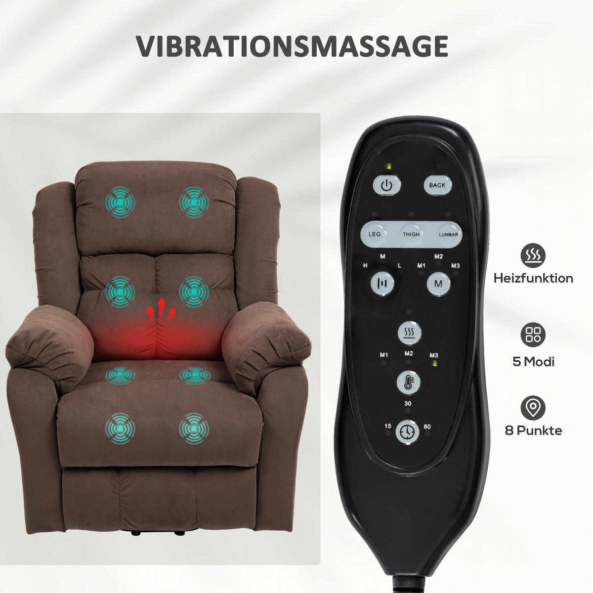 MASSAGESESSEL DE-06423 45° Lift, 150° neigbar, 8 Massagepunkte Dunkelbraun - Braun, Textil/Metall (92/104/102cm) - ComfortXL
