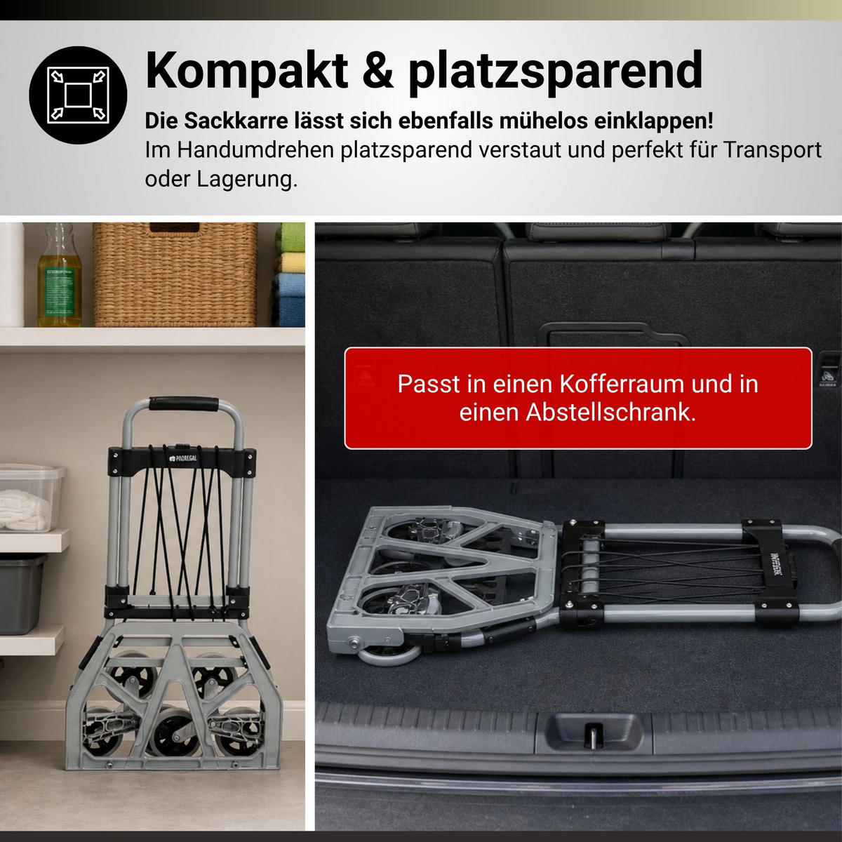 TREPPENSTEIGER Sackkarre Elephant klappbar 112x49x58cm Traglast 150kg AluminiumrahmenTRR Fachgummiräder Schwarz - Silberfarben, Metall (58/49/112cm) - PROREGAL