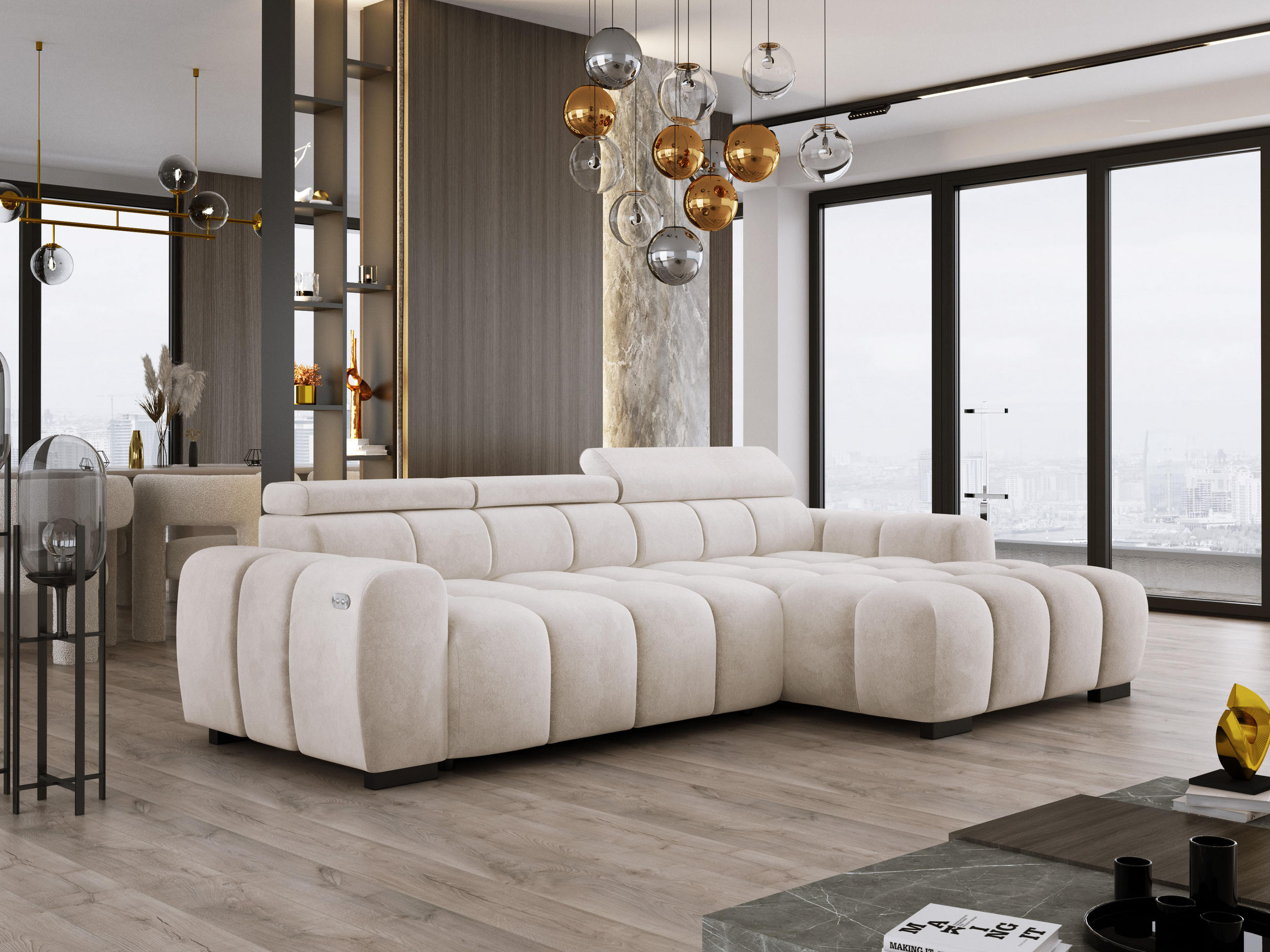 ECKSOFA OMBO 285x168x77/97 cm, Rechts, Schlaffunktion, elektr. Sitz, Kopfstützen, Buche dunkel, hydrophober SALVADOR-Stoff – Weiß - Beige, Holz/Textil (285/168cm) - DomoHome