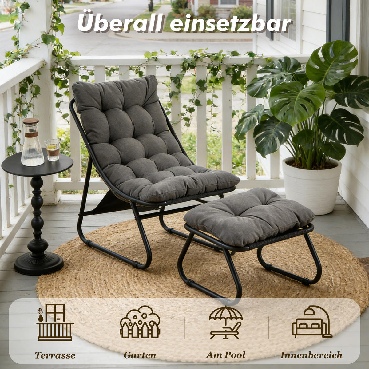 SESSELSET, Relaxsessel mit Hocker,Stahlrahmen,Polyester,Grau - Hellgrau, Kunststoff (78/86/65cm) - LVHOM