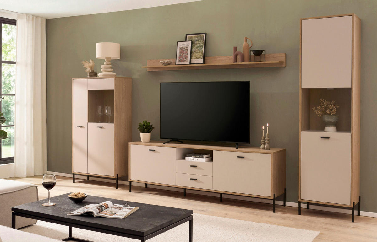 VITRINE Kaschmir, Eiche 80 x 150 cm, HIGHBOARD mit Soft-Close - Kaschmir/Eichefarben, Glas/Holzwerkstoff (80/150/35cm) - Furn.Design