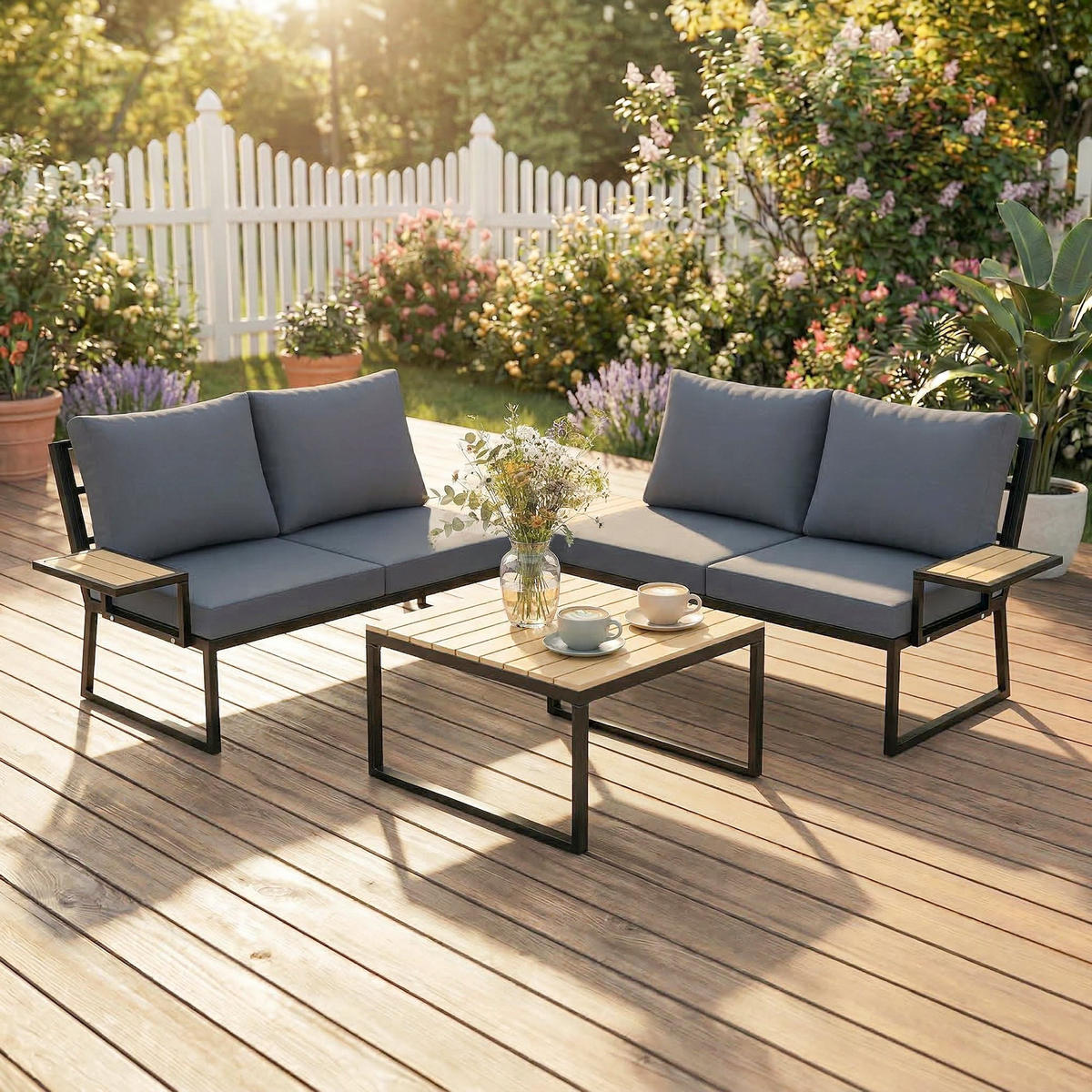 TERASSENMÖBELSET 4-teilig aus Kunststoff Holz Verbundstoff Teak - Schwarz/Grau, Textil/Metall - Outsunny