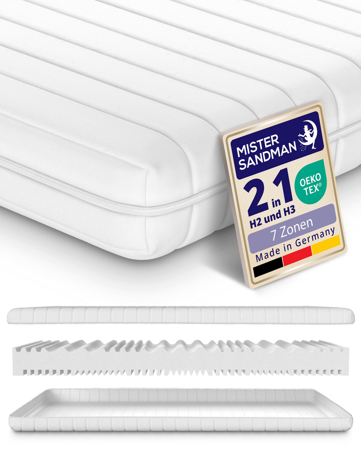 MATRAC 200x200 cm – ortopedický 7-zónový matrac zo studenej peny – výška 15 cm – pre lamelový rošt – vhodný pre alergikov - biela, textil (200/200cm) - Mister Sandman