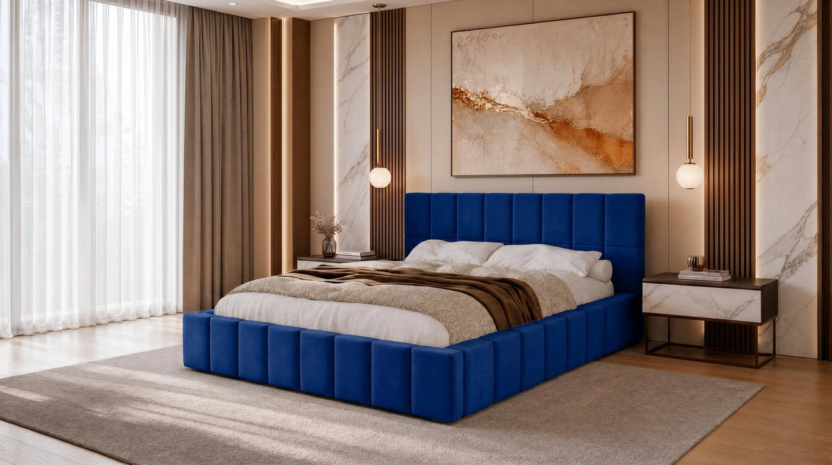 POLSTERBETT 180x200 cm, Alma, Doppelbett mit Bettkasten, Lattenrost aus Holz, Velourstoff, Dunkelblau - Dunkelblau, Holz/Kunststoff (180/200cm) - Marpur