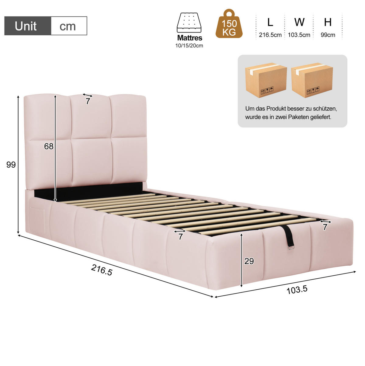 BETT mit Stauraum und USB 90x200 cm Samt Pink - Pink, Metall (90/200cm) - Meubliv
