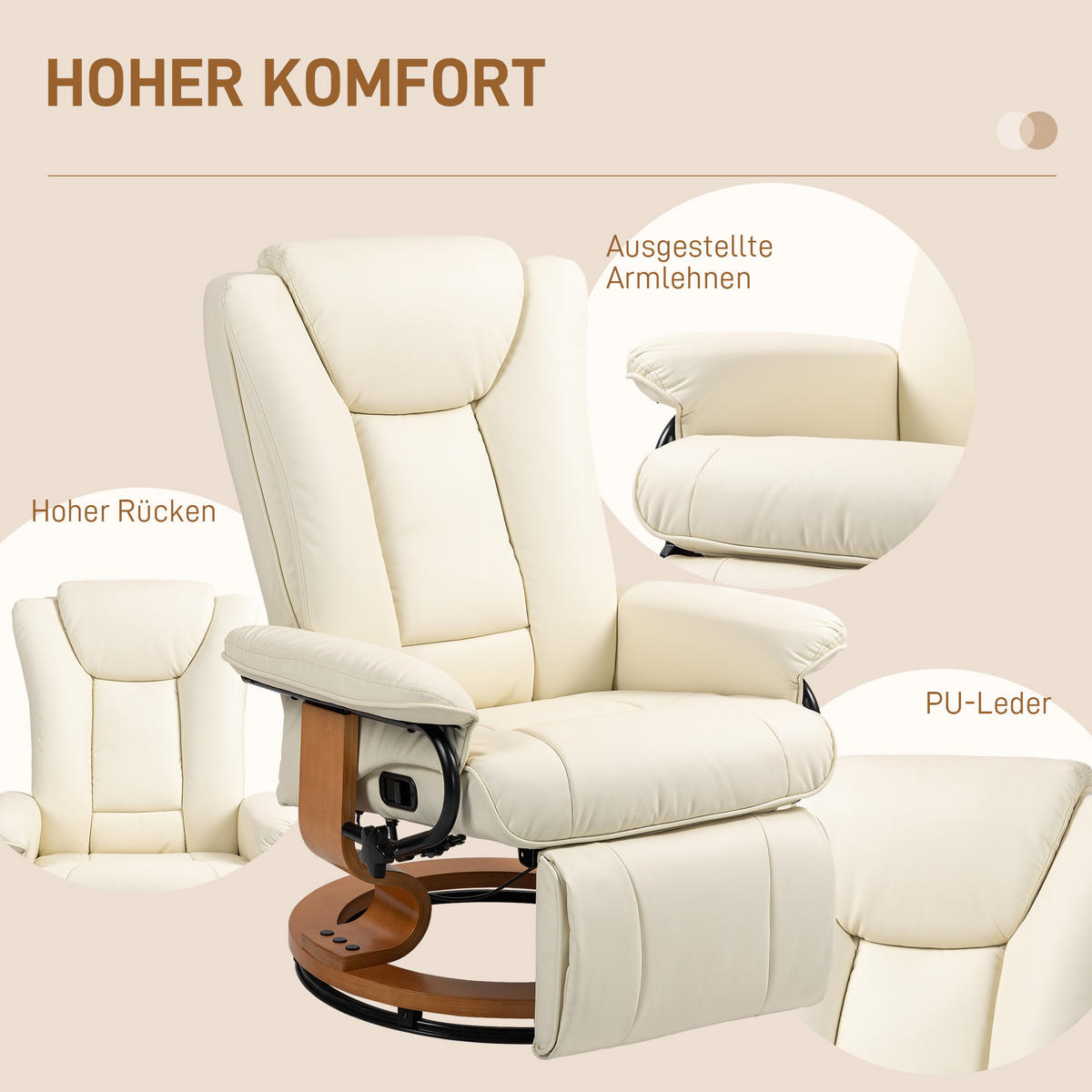 RELAXSESSEL Drehbar Fernsehsessel mit Liegefunktion, Fußstütze, Cremeweiß - Creme, Leder (88/103/78cm) - HOMCOM