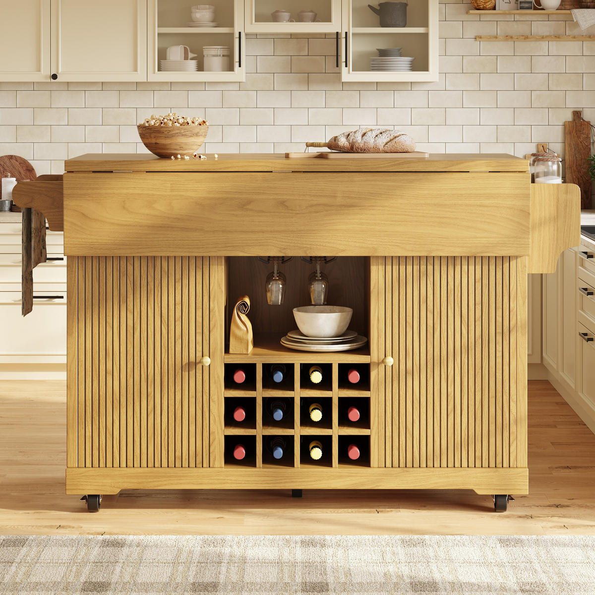 KÜCHENINSEL DE-41168 142,5/40-80/95 cm mit beidseitig ausklappbaren Tischenden Naturbraun - Naturfarben, Holzwerkstoff (142.5/95/80cm) - ComfortXL