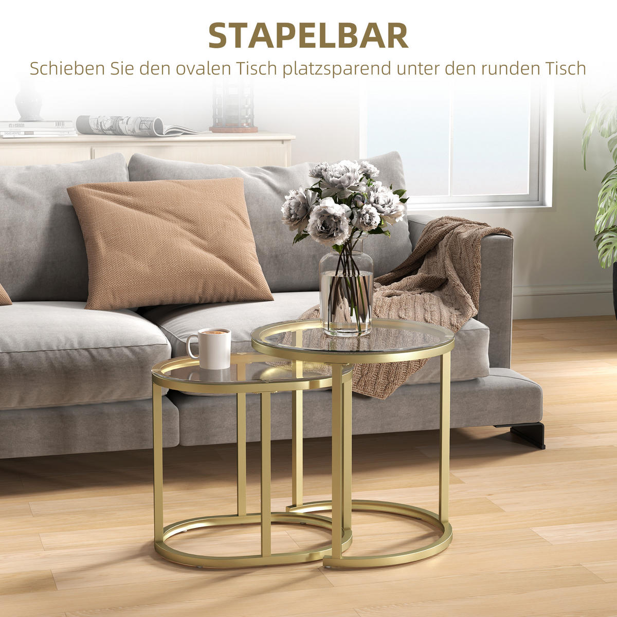 COUCHTISCH rund 2er Set Stapelbarer Beistelltisch mit Stahlrahmen für Wohnzimmer - Goldfarben, Metall (50/50/50.5cm) - HOMCOM