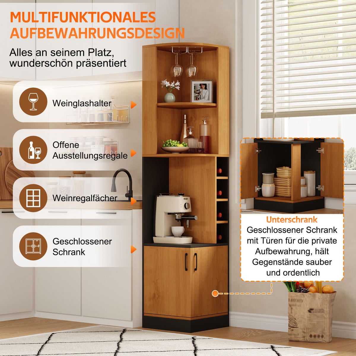 HIGHBOARD DE-38705 40/40/182 cm Weinglasregal und 4 Weinfächer Holz - Naturfarben, Holzwerkstoff (40/182/40cm) - ComfortXL