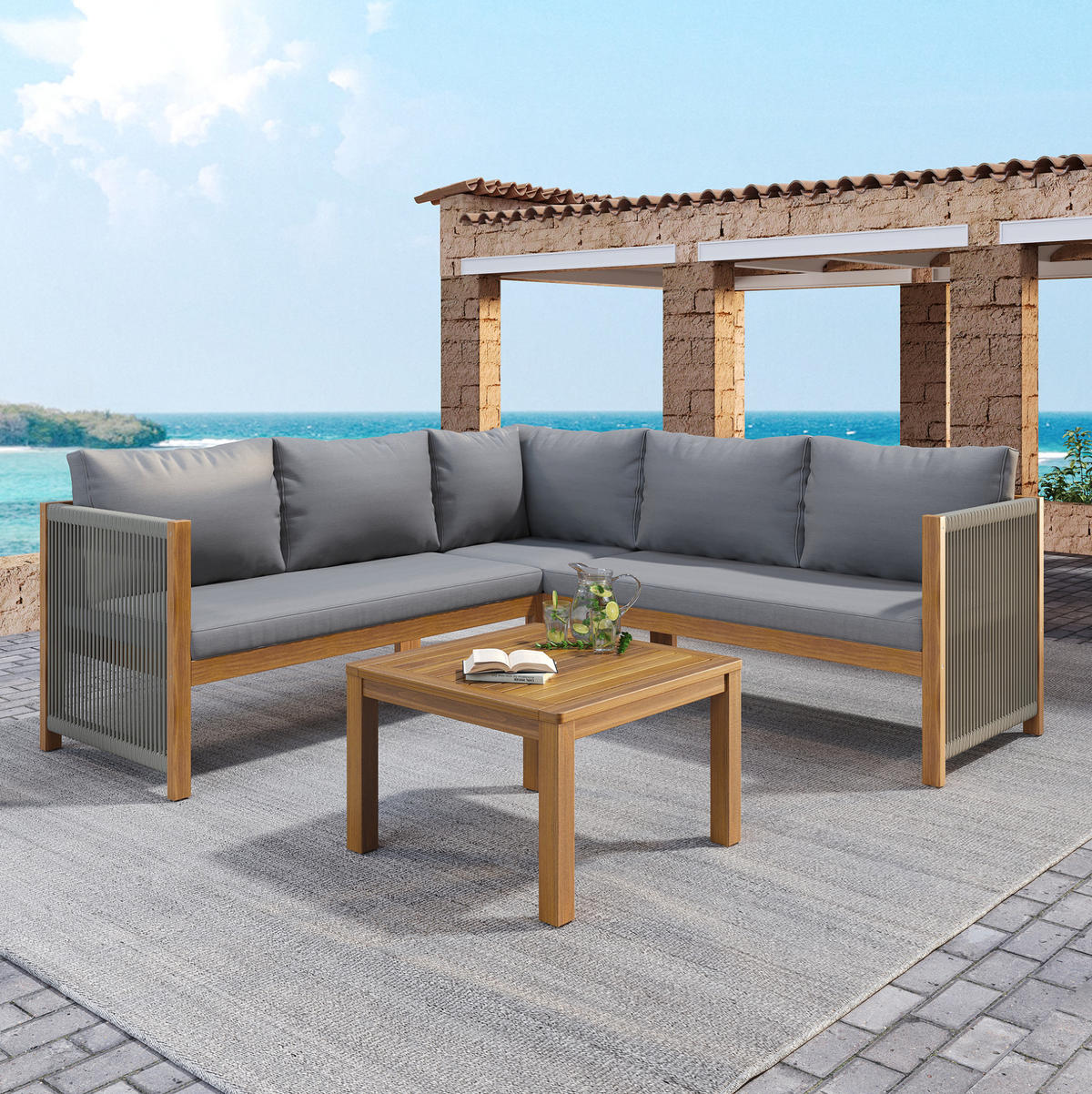 GARTENMÖBEL-SET mit Ecksofa und Couchtisch, Akazienholzrahmen mit Seilgeflecht, Grau - Grau, Textil - Redom