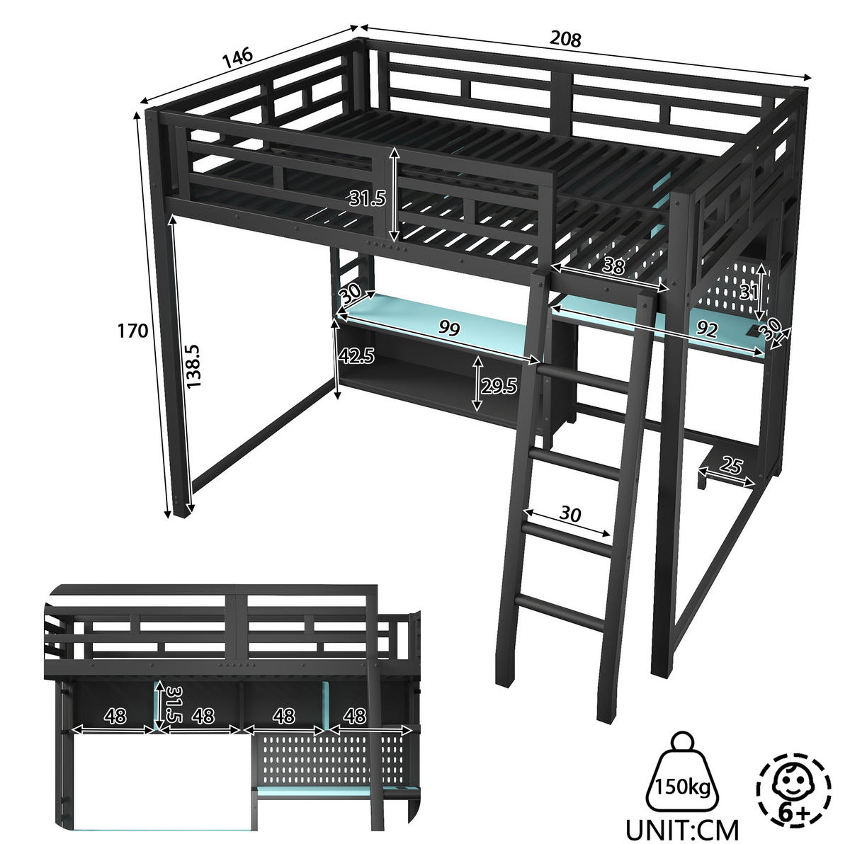 HOCHBETT aus MDF und Metall 140x200 cm Schwarz mit Schreibtisch, LED-Beleuchtung und Regalen im Gaming-Design - Schwarz, Holzwerkstoff (140/200cm) - Modfu