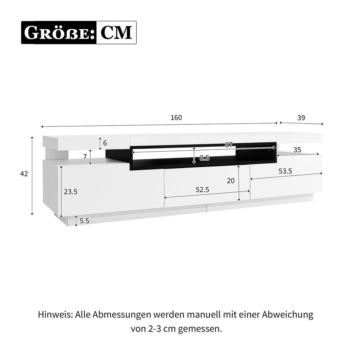 TV-LOWBOARD aus Spanplatte 160x39x42 cm Weiß mit LED-Beleuchtung und 3 Schubladen - Weiß, Holzwerkstoff (160/42/39cm) - IVMEU