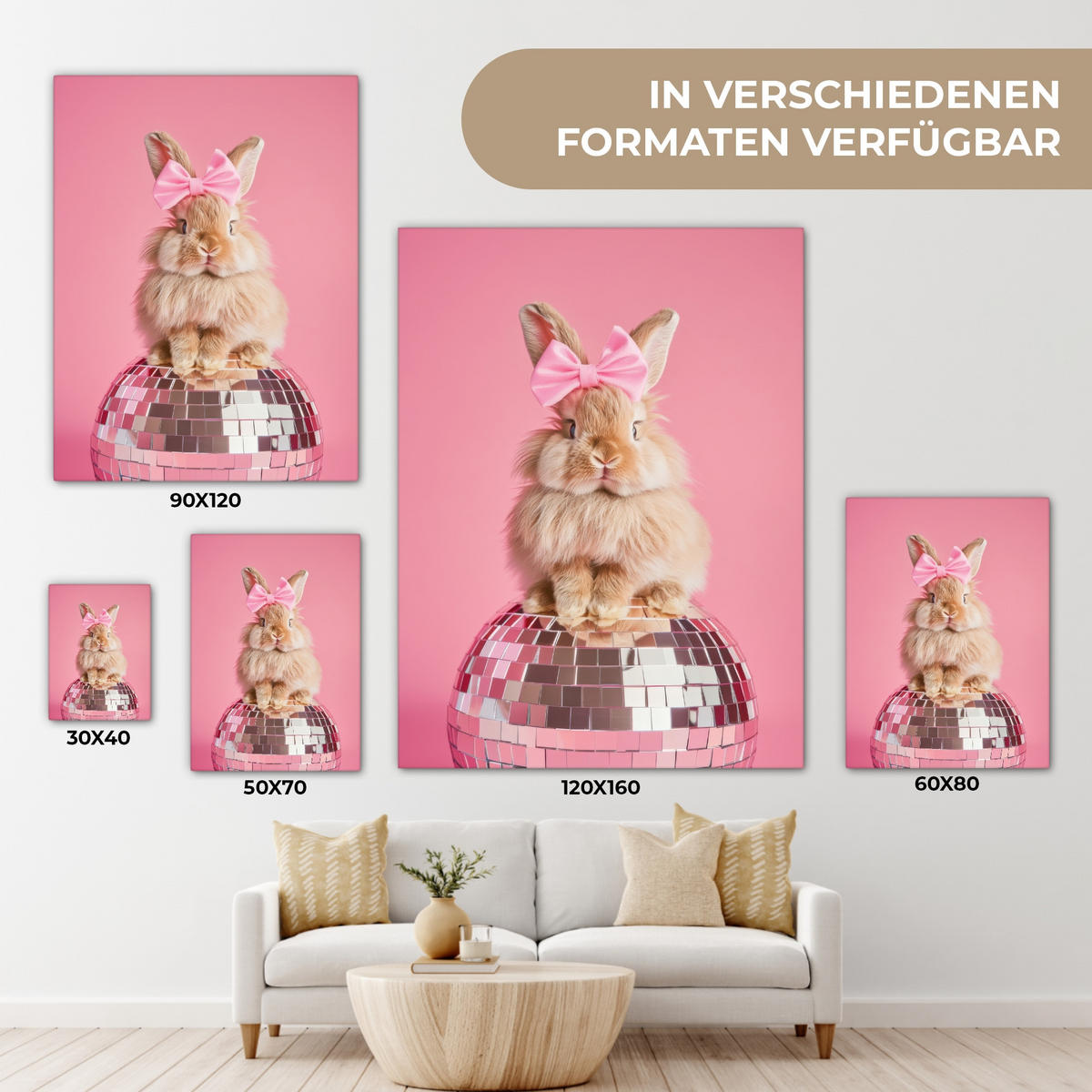 LEINWANDBILD Schleife - Discoball - Kaninchen Room Decor 30x40 cm - Pink, Textil (30/40cm) - MuchoWow