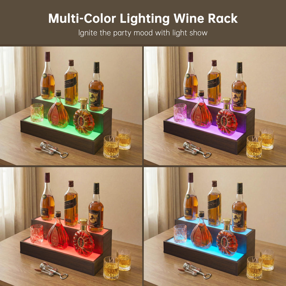 WEINREGAL 51/21/18 cm, Nussbaumfarben, Verbundholz, LED beleuchtet, App & Fernbedienung, 2-stufig, freistehend - Walnussfarben, Holzwerkstoff (51/18/21cm)