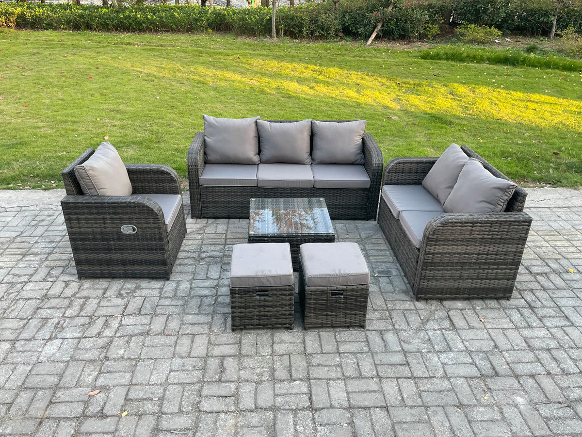 GARTENTISCHGRUPPE Polyrattan Dunkelgrau 6-teilige - Dunkelgrau/Grau, Glas/Kunststoff - Fimous