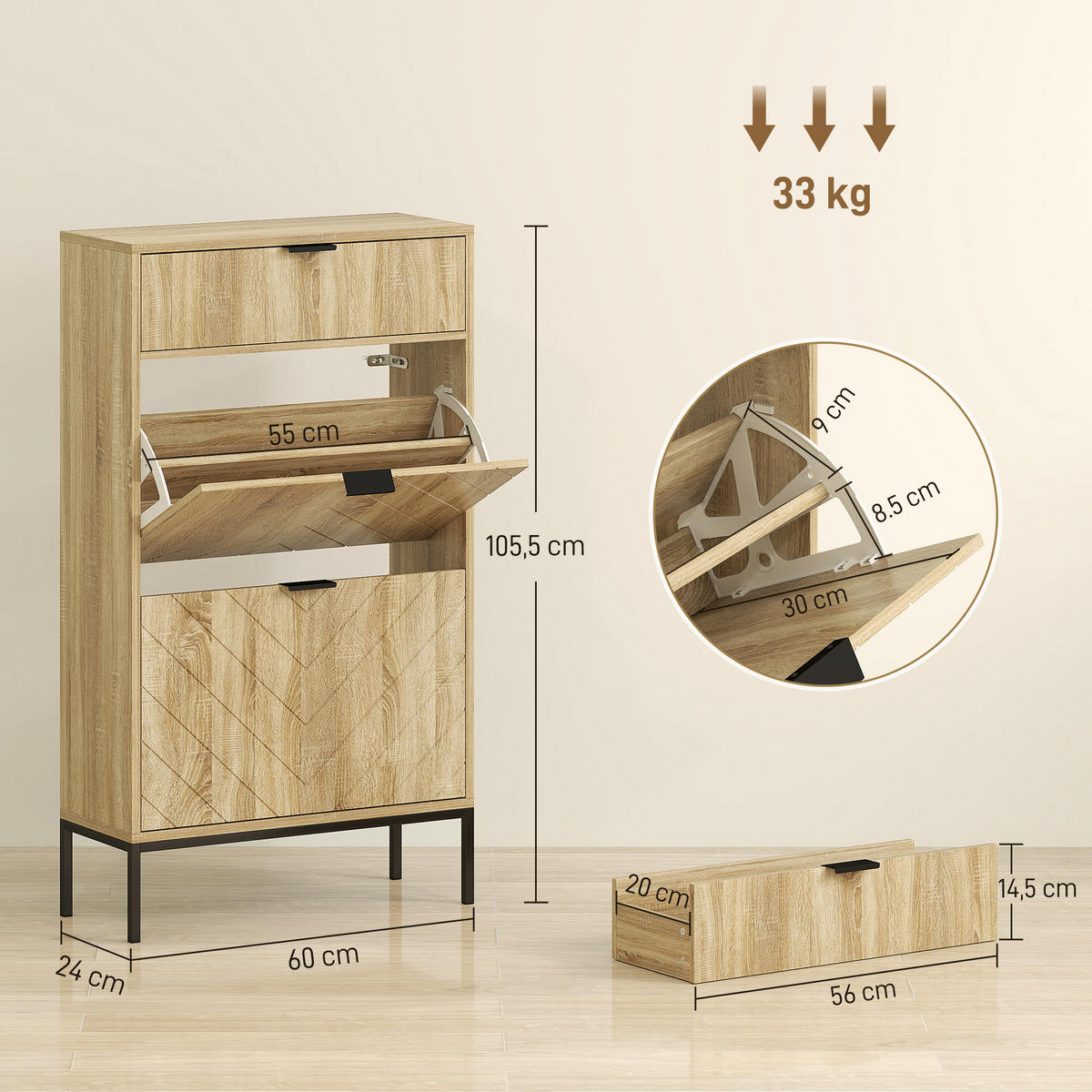 SCHUHSCHRANK DE-15035 1 Schublade und 2 Klapptüren für 8 Paar Schuhe Eiche - Eichefarben, Holzwerkstoff (60/105.5/24cm) - ComfortXL