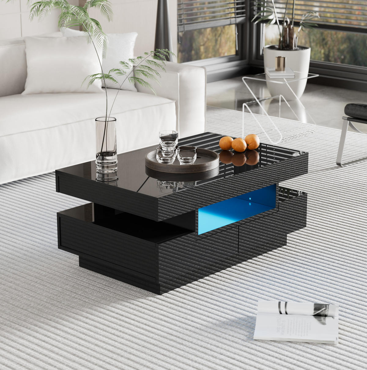 COUCHTISCH 80/50/36 cm in Schwarz aus Spanplatte mit LED-Lichtleiste und Hochglanzoberfläche - Schwarz, Holzwerkstoff (80/50/36cm) - OKMYHOME