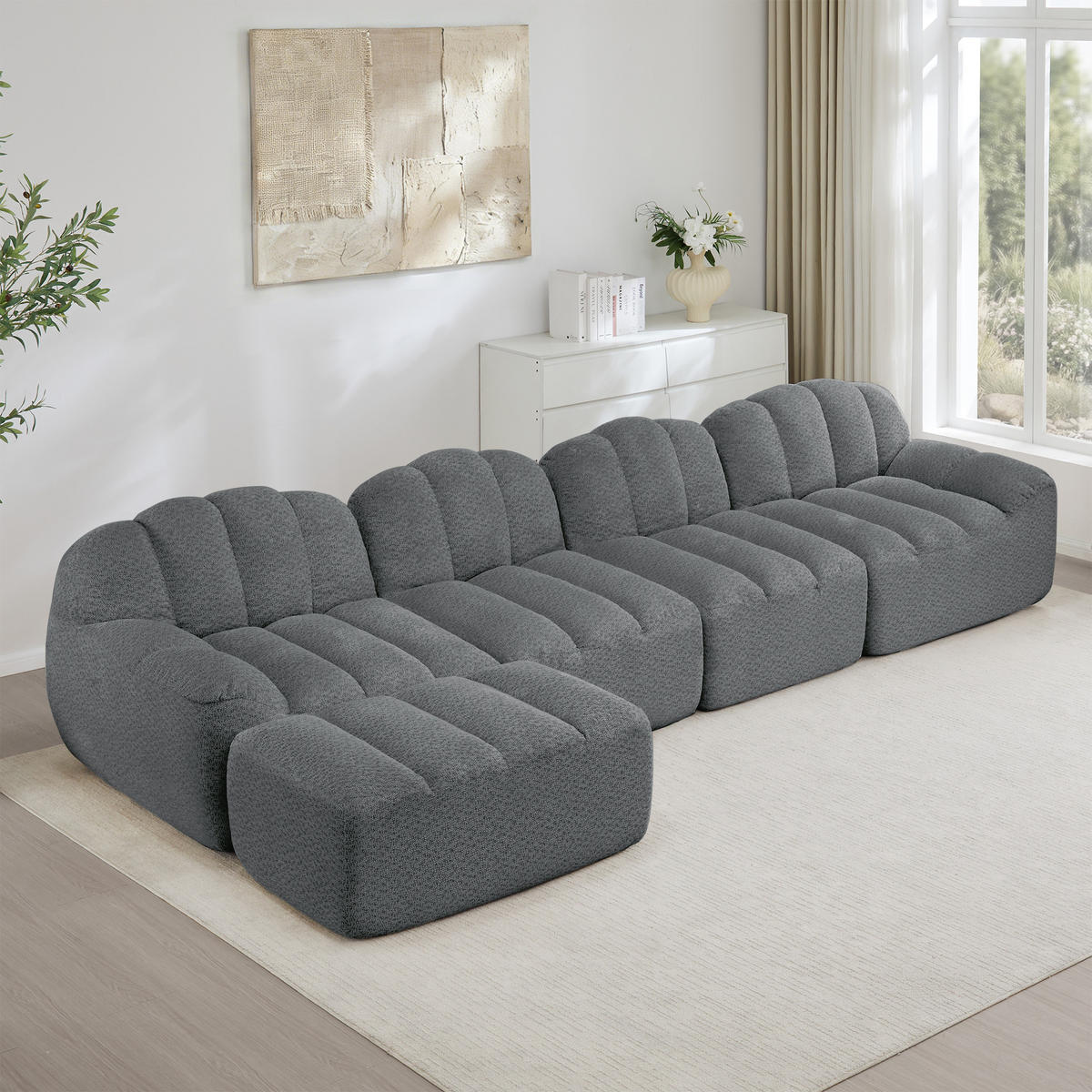 4-SITZER Sofa 366x165x79 cm aus granuliertem Fleece rahmenlos modular mit Ottoman, grau - Grau, Textil (165/79/366cm)