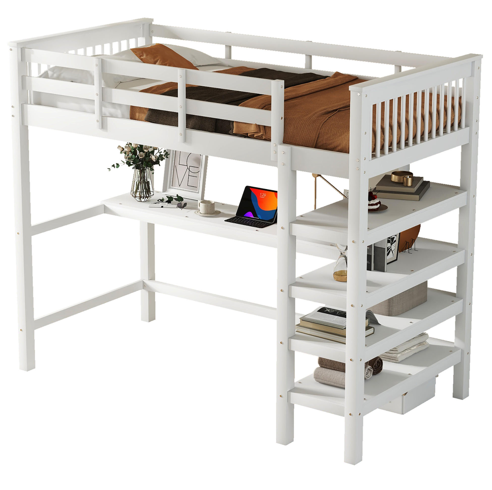 HOCHBETT 90/200 cm Weiß mit Schreibtisch und Ablagefächern - Weiß, Holzwerkstoff (90/200cm) - Flora Grace
