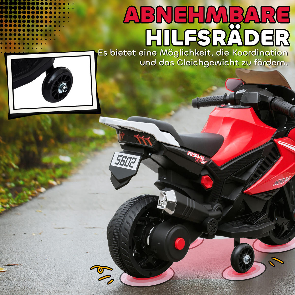 ELEKTRO KINDERMOTORRAD mit USB Stützrädern und Musik - Rot, Metall (75/36/49cm) - AIYAPLAY