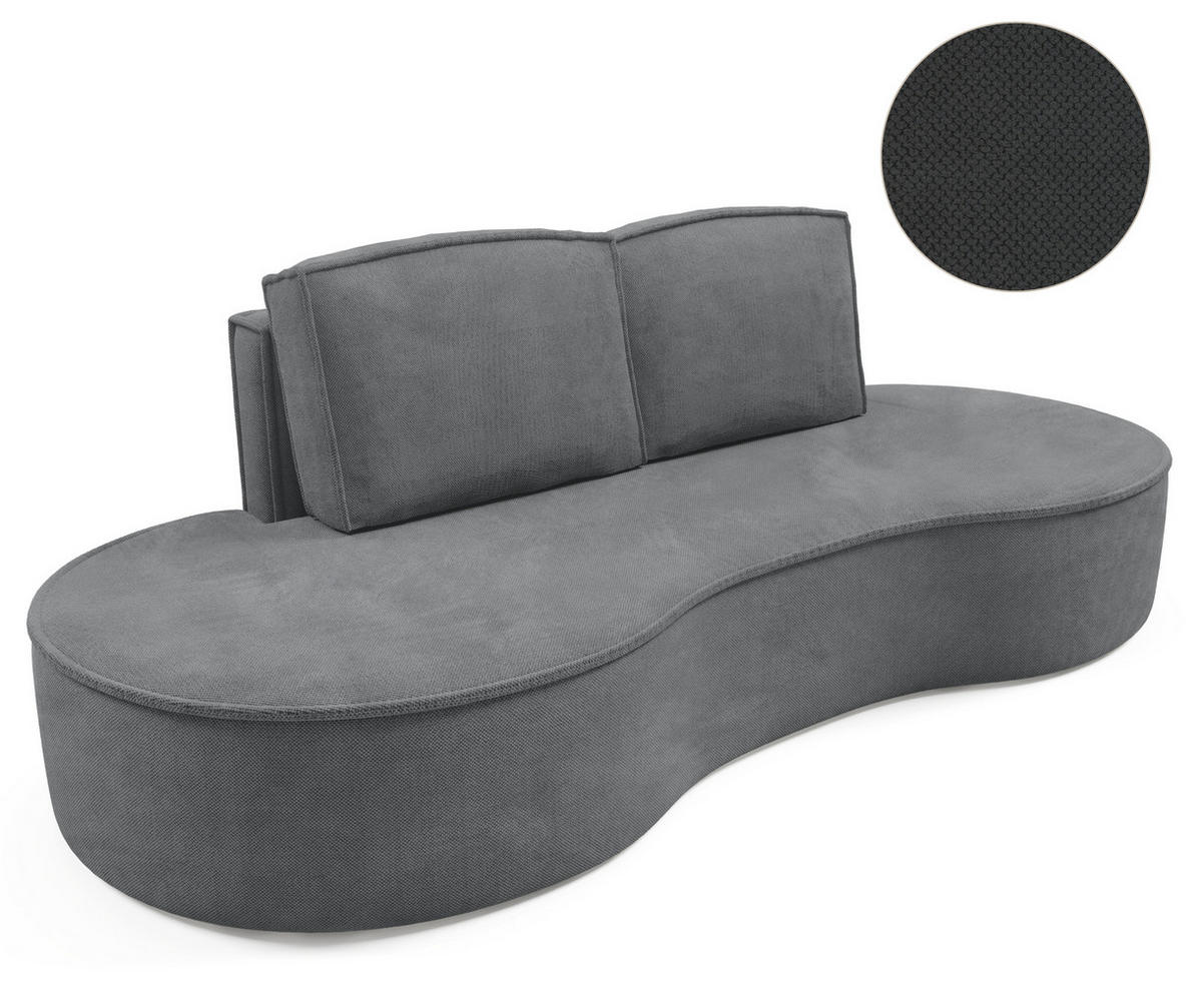 SOFA Molly – Freistehendes halbrundes Designsofa mit zwei eleganten, abnehmbaren RückenKissen, Curio Stoff, Größe: 234x101x88 cm, Grau - Grau, Holz/Textil (234/88/101cm) - DomoHome
