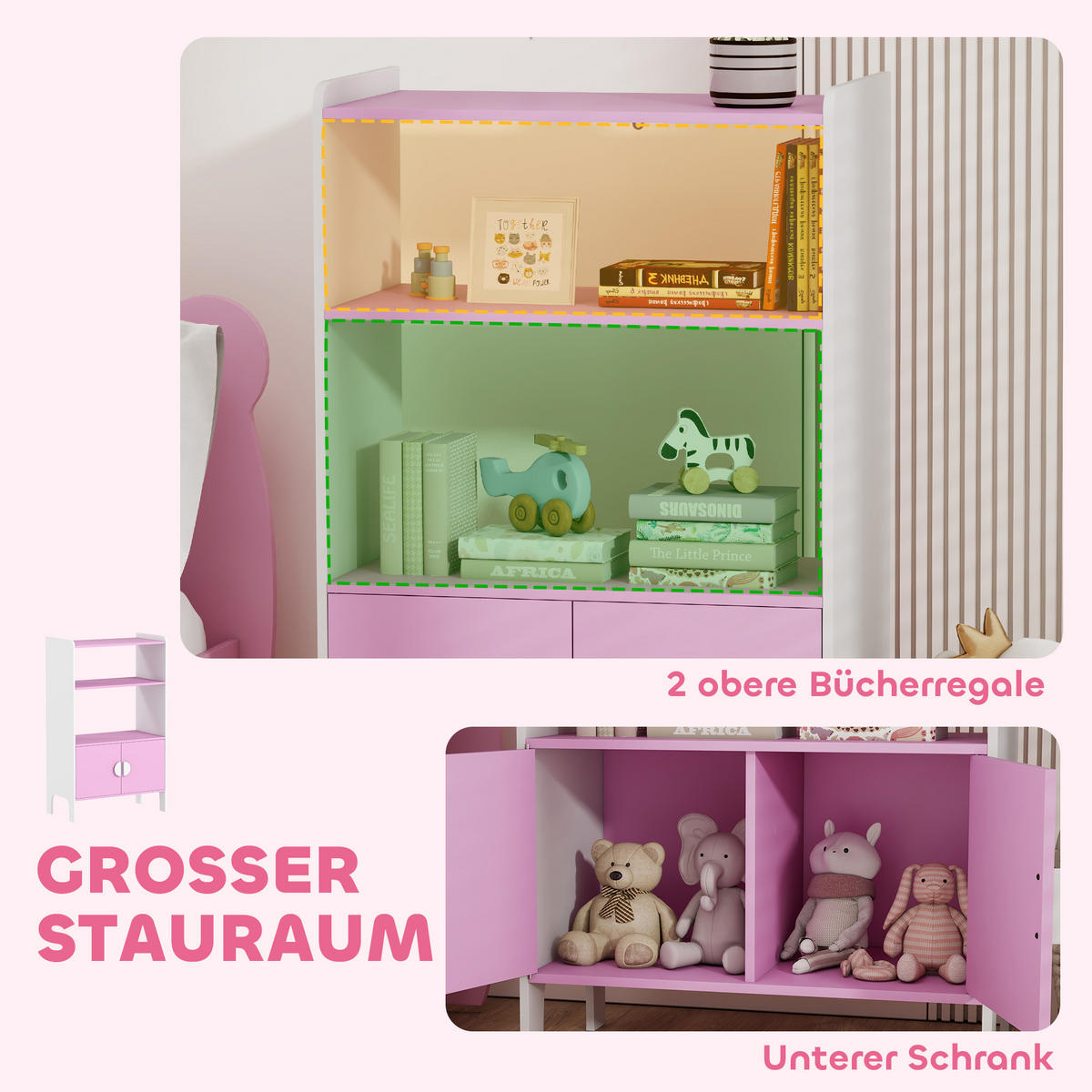 BÜCHERREGAL Kinderregal mit 2 Ablagen und 2 Schranktüren - Weiß/Rosa, Holzwerkstoff (35/100/60cm) - AIYAPLAY