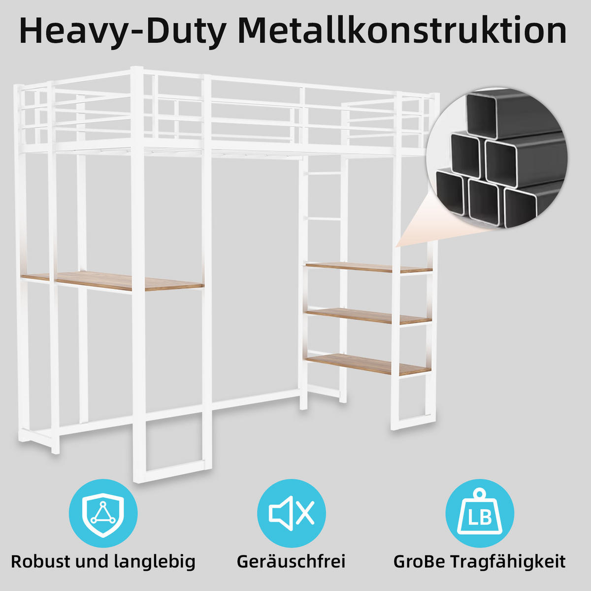 HOCHBETT 90/200 cm weiß aus Eisen mit Schreibtisch und beidseitiger Leiter - Weiß, Metall (90/200cm) - OKWISH