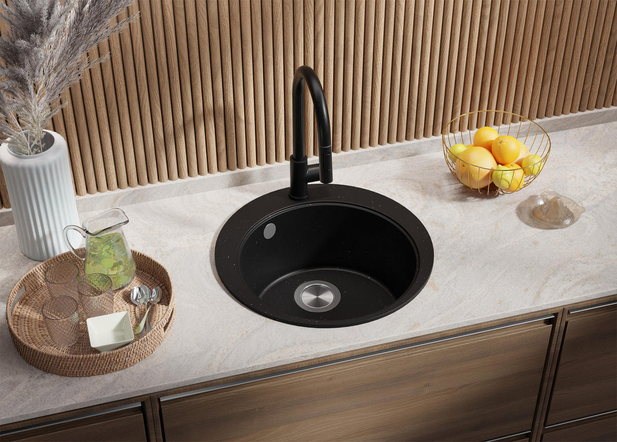 SPÜLBECKEN RUND Pisa, 2-er set Schwarz Metallic 50/50 cm 1 Becken + Ablauf-Set + Schneidebrett ab 45er Unterschrank - Chromfarben/Schwarz Hochglanz, Kunststoff (50/20/50cm) - Primagran